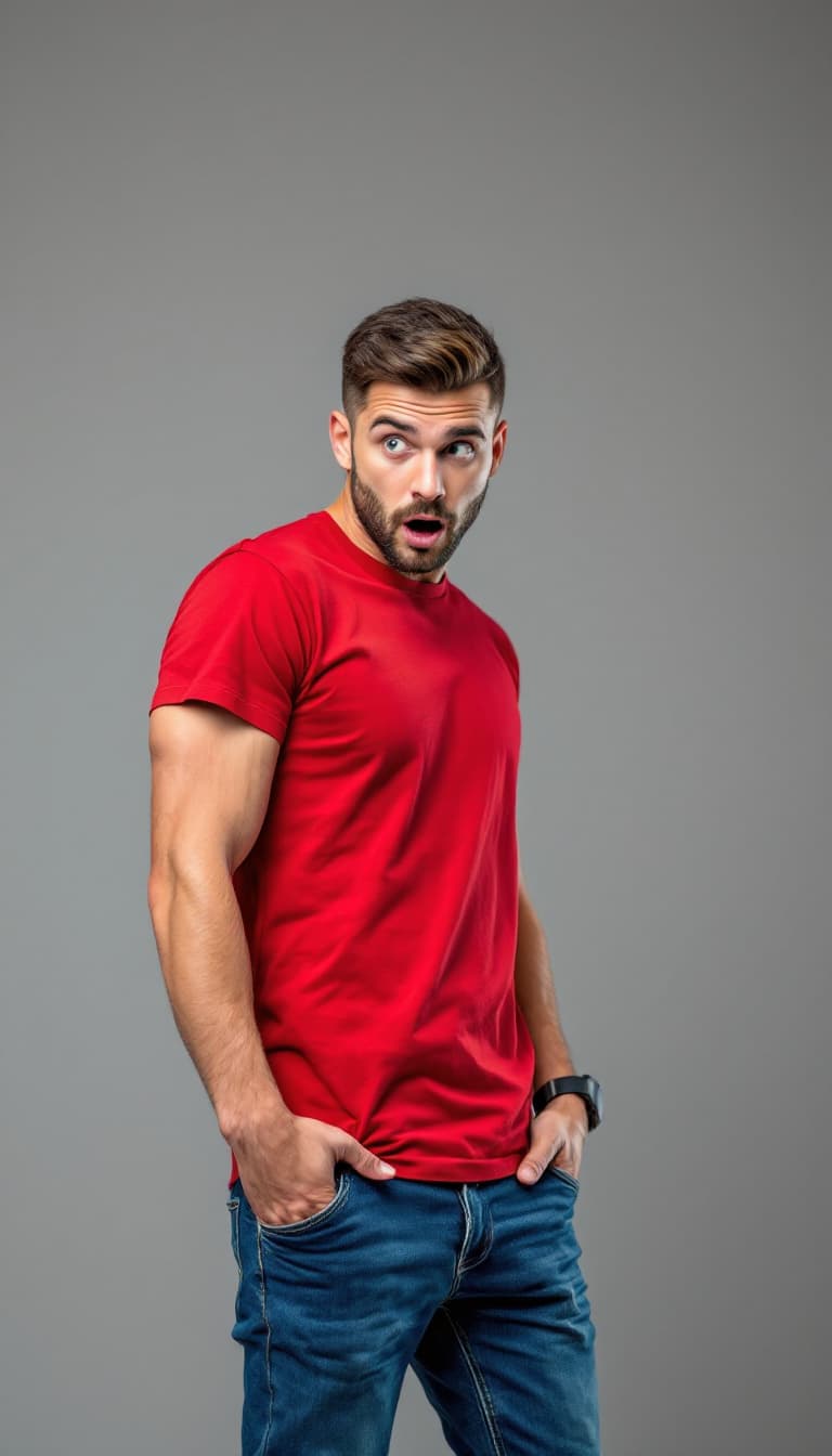AI generated: photograph of a handsome, surprised caucasian man, standing with his hands on his waist, short burst...
