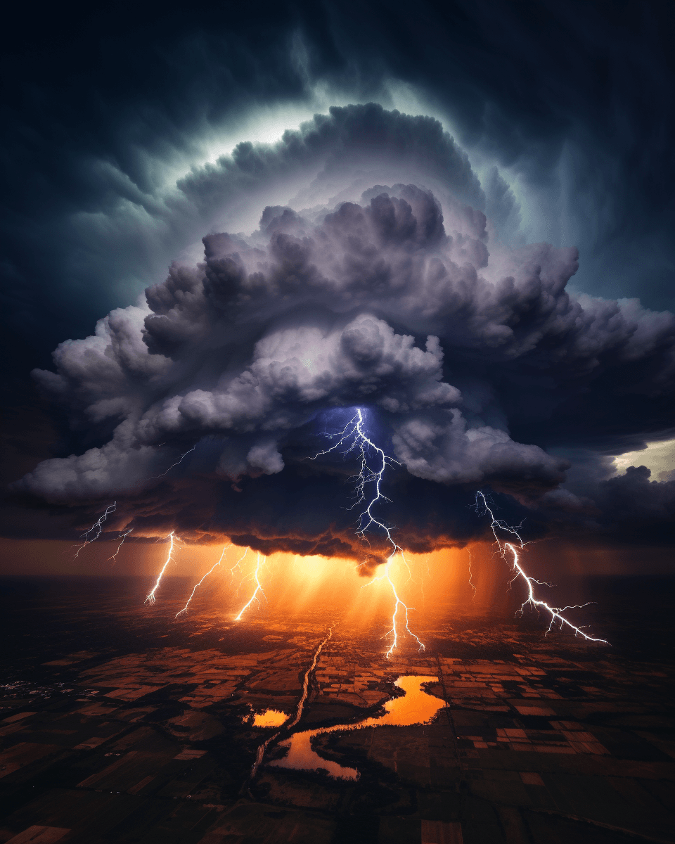 AI generated: A massive thunderstorm with dark clouds and lightning striking in the distance, creating an epic and...