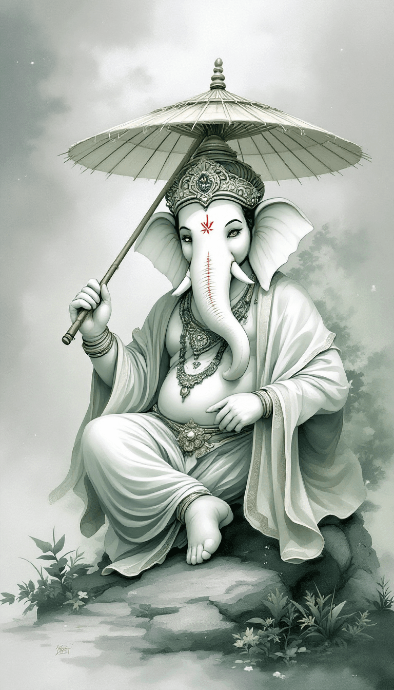 AI generated: painting of lord Ganesha (elephant headed god) dressed in traditional dress with a bamboo umbrella, ...