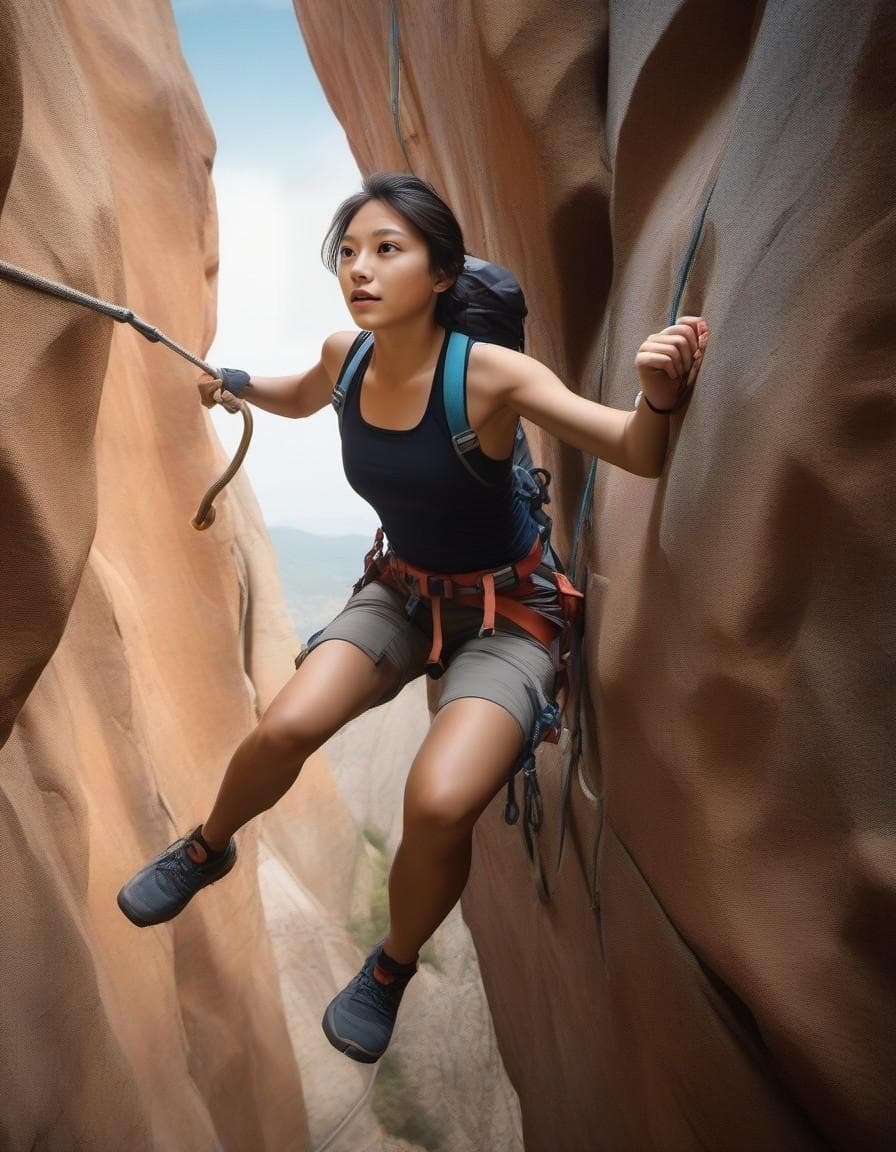 AI generated: Craft a hyper-realistic image of a woman rock climbing, captured from a top-down perspective that ac...