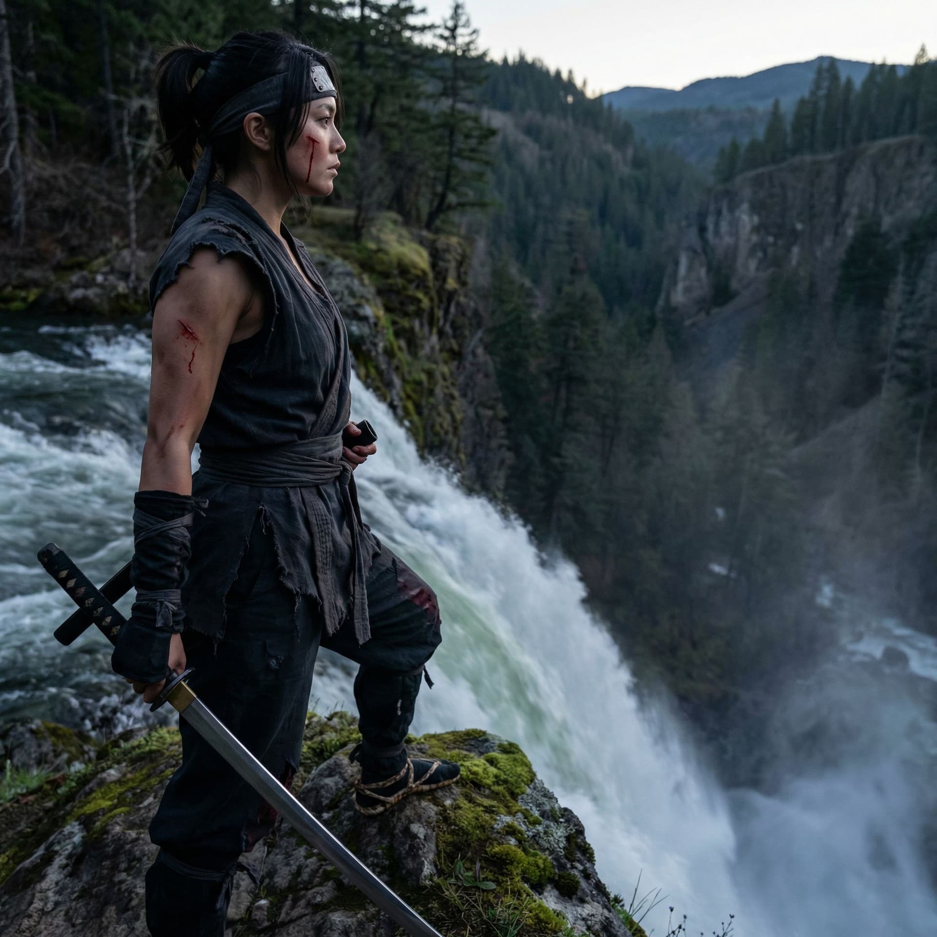 AI generated: Female kuno ichi close up side view, cut and bleeding standing atop a waterfall on a rock, exposed b...