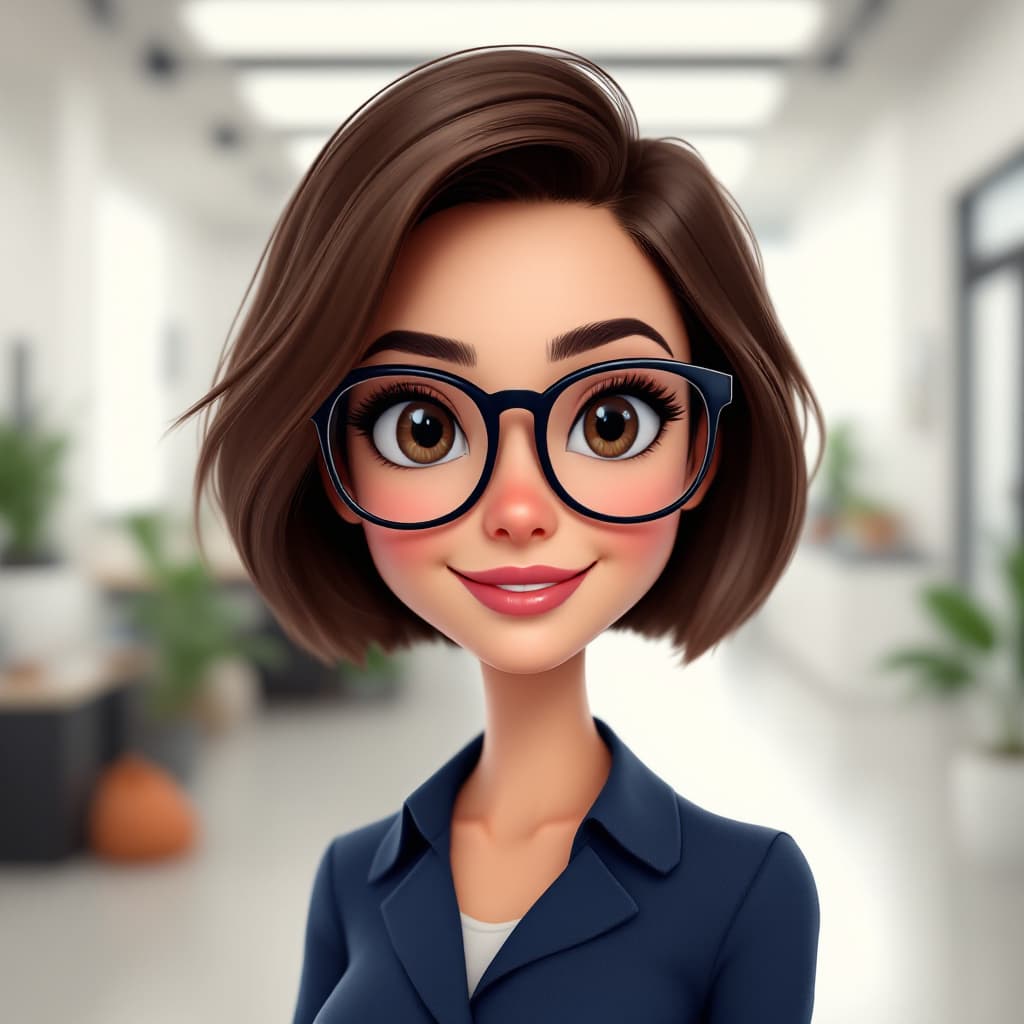 AI generated: A virtual avatar of an attractive woman with short brown hair and glasses, wearing professional atti...