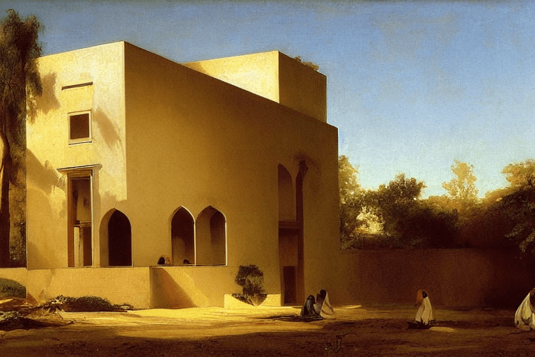 AI generated: small villa, Bauhaus style mix to Islamic architecture, by Jean Leon Gerome, Asher Brown Durand.