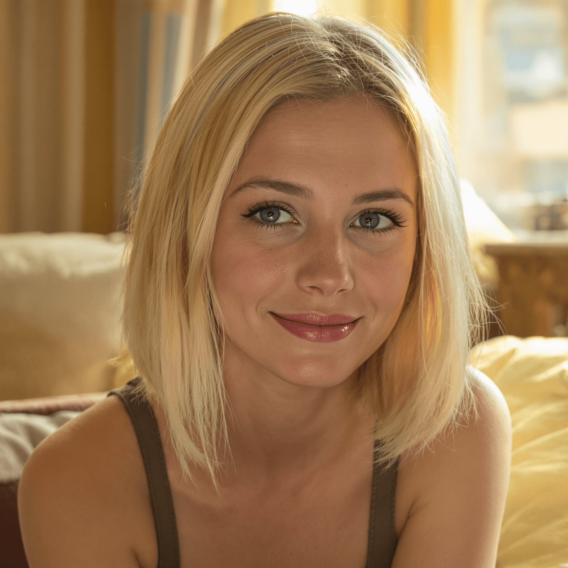 AI generated: A young blonde woman with blue eyes and light blonde hair styled in a long bob sits in a softly lit ...