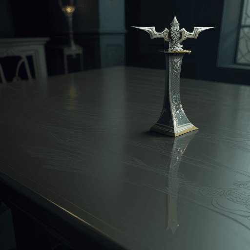 AI generated: sword on the table with the design and character of venom The sword is gold and grey dark, no waterm...