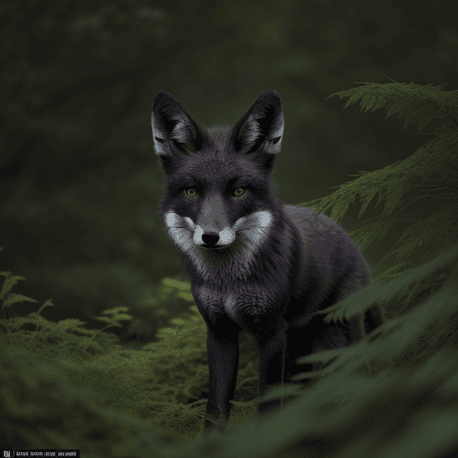 AI generated: A black - brown Fox,in a cloudy dark-green forest,among bluish bushes,realistic photo,8k.
