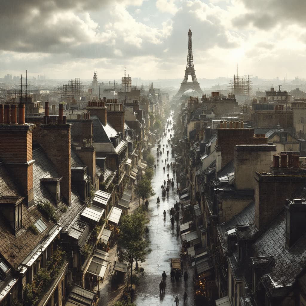 AI generated: hyper-realistic illustration, a panoramic view above the 1900s Paris rooftops after a summer rain, t...