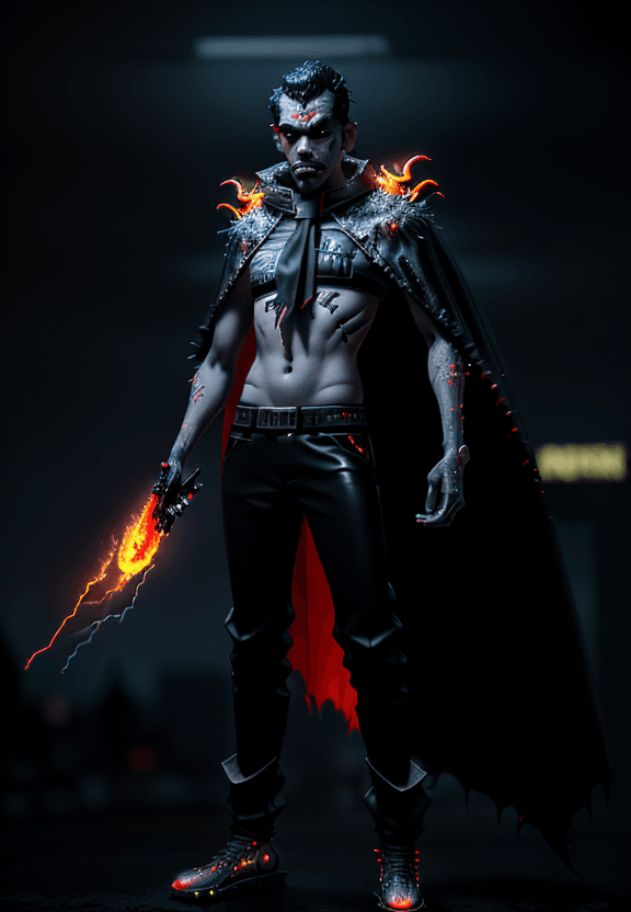 AI generated: Cantinflas, DEVIL FROM HELL , CAPE OF FIRE, perfect proportion, Cyberpunk Edgerunner style, late nig...
