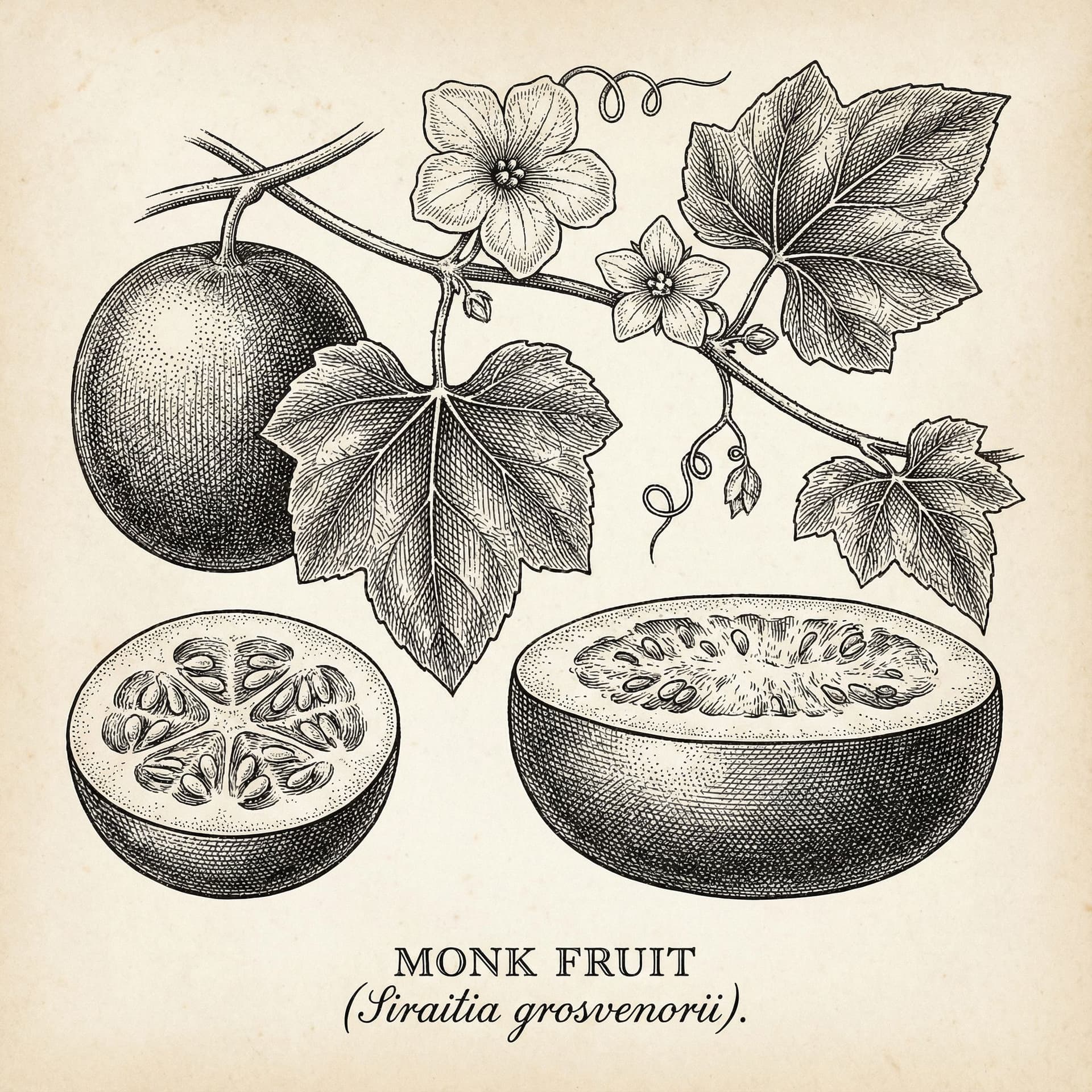 AI generated: Black and white illustration of monk fruit, in copperplate print style.--ar 1:1