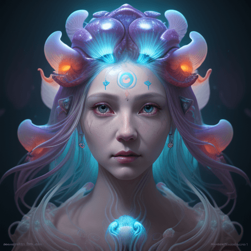 AI generated: Goddess close-up portrait ribcagel. jellyfish phoenix head, nautilus, orchid, skull, betta fish, bio...