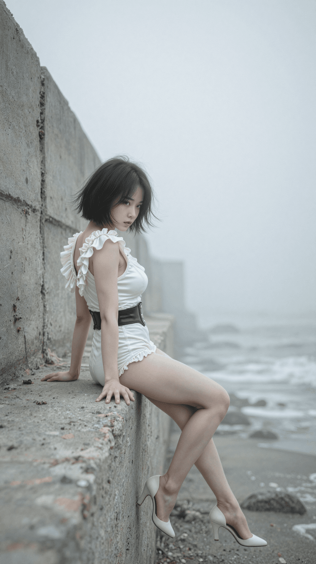 AI generated: The Foggy Sea-Wall (Bored & Rear-Profile)
a. Shooting Angle & Pose: Rear 45-degree angle medium shot...