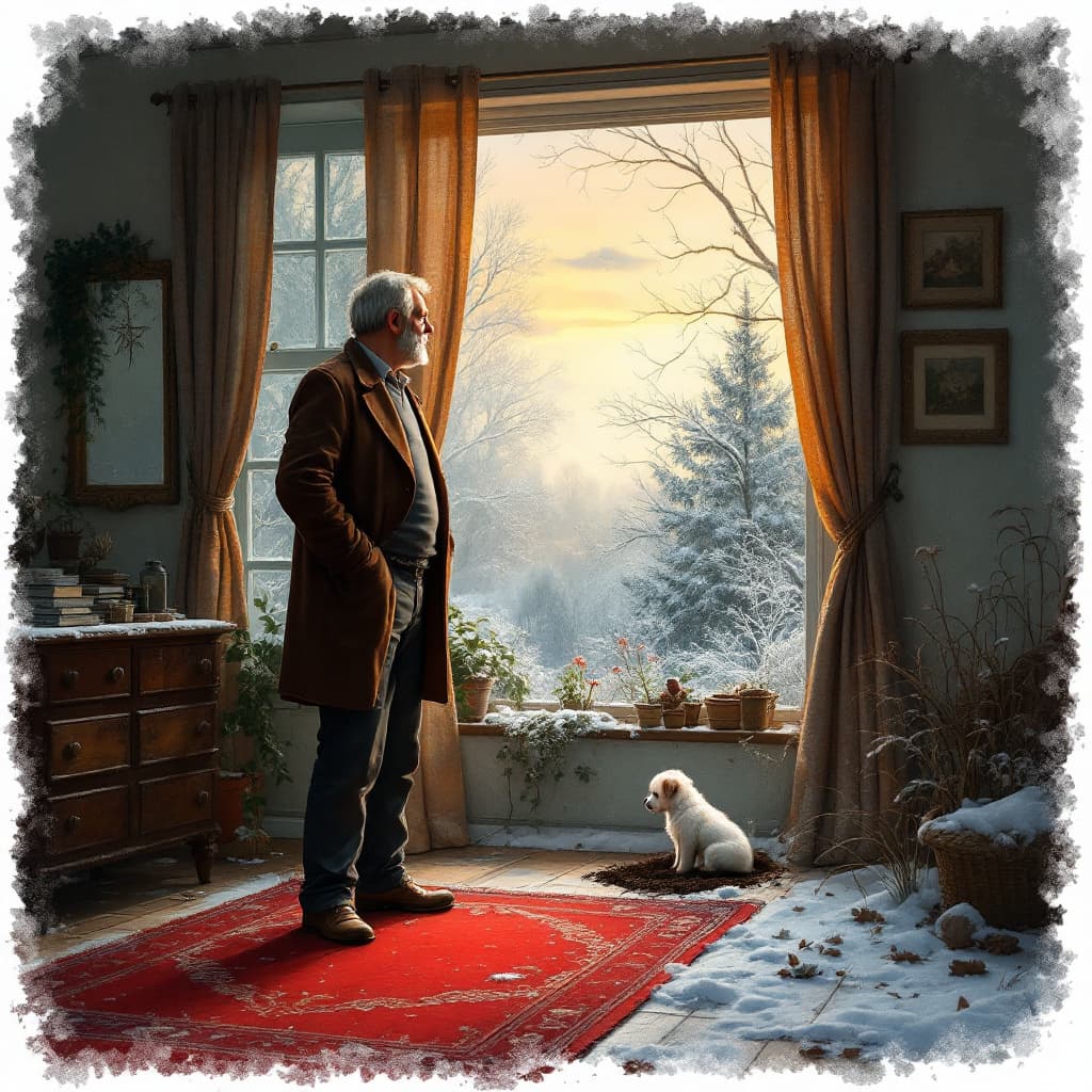 AI generated: Storybook-style picture of a middle aged man standing on a red carpet in his bedroom, he's looking o...