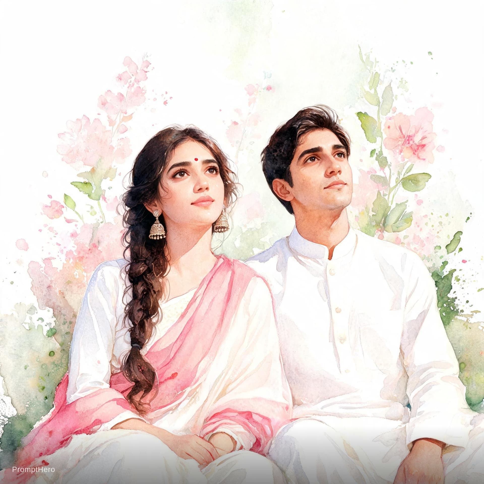 AI generated: Watercolor-style portrait of a young Indian couple sitting gracefully in a white outfit with a pink ...