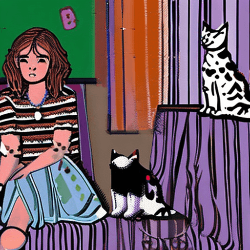 AI generated: A red-haired girl in a light purple striped blouse and skirt sits in a room full of cats, full of co...