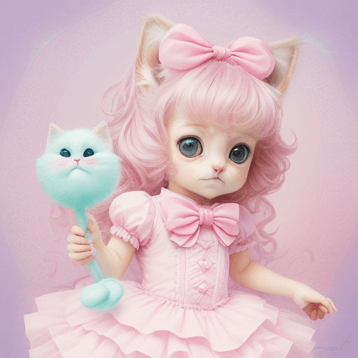 AI generated:  A playful tiny kitten, in a cute pink bow, with fluffy cotton candy accessories, pastel colors, whi...