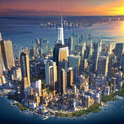AI generated: aerial view of a giant fish tank shaped like a tower in the middle of new york city, 8k octane rende...