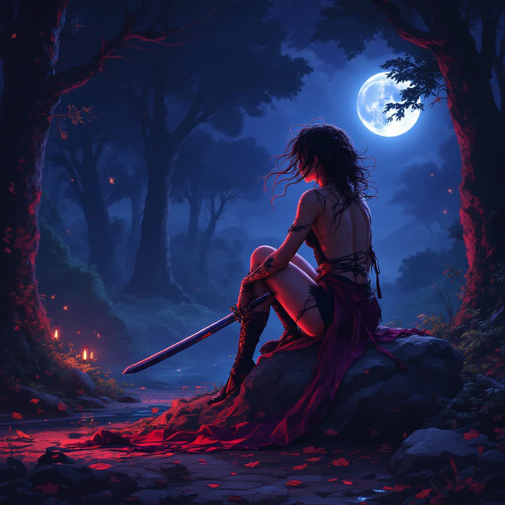 AI generated: Sentada sobre uma pedra coberta de musgo, Malenia repousa sua katana ao lado, observando o horizonte...