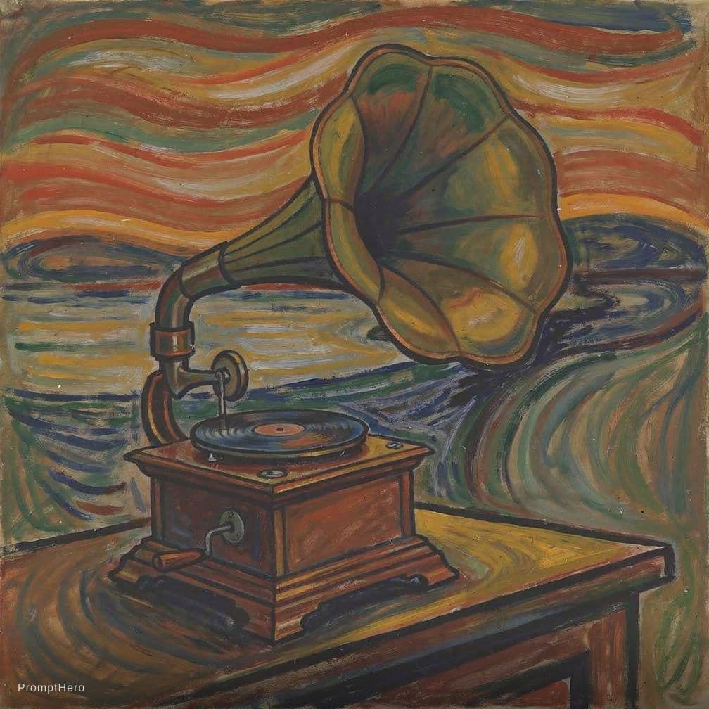 AI generated: Expressionist painting of gramaphone, edward munch style