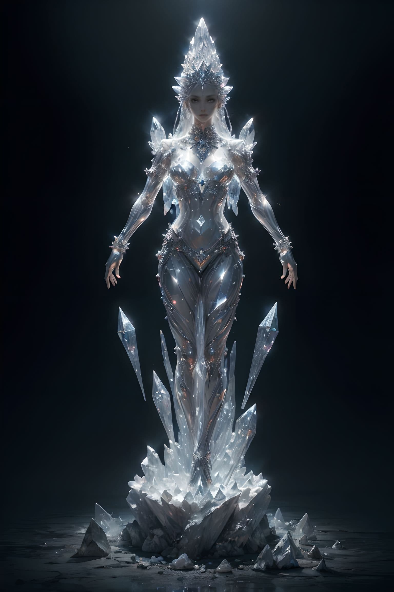 AI generated: (crystal statues:1.2), (transparent crystal:1.2), Highly detailed crystal statues of a female Wizard...