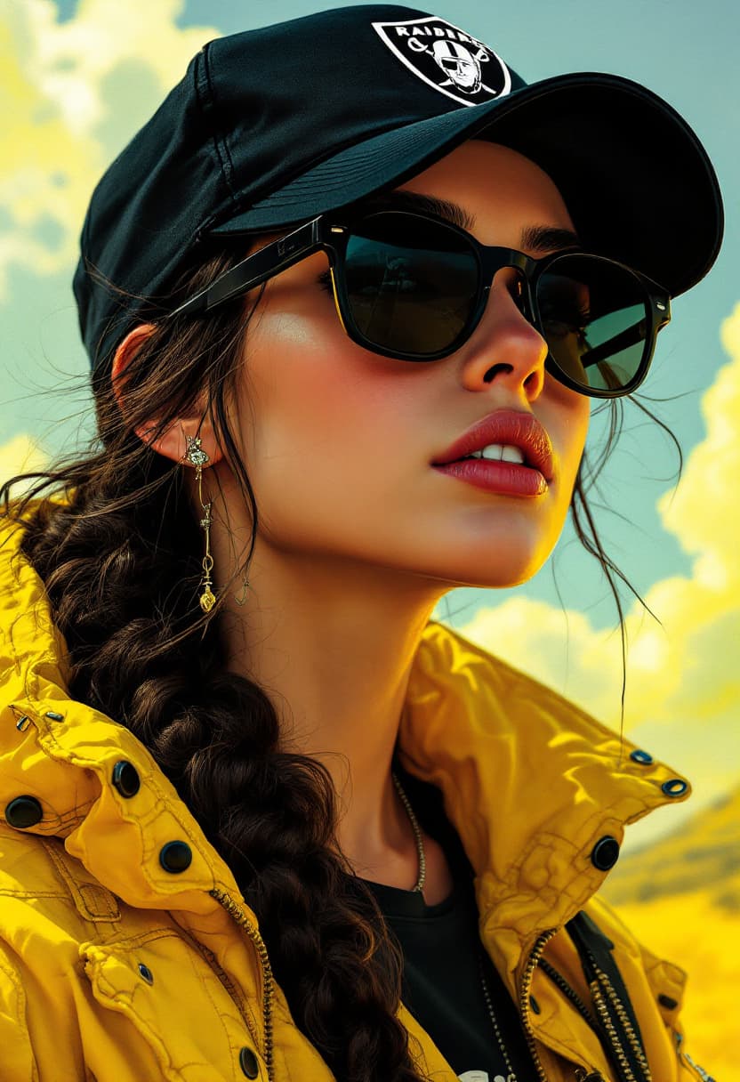 AI generated: a stunning girl wearing black caps and sunglasses, logo Raiders, in the style of otherworldly illust...