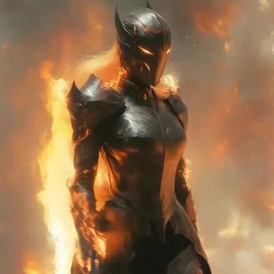 AI generated video: armor on fire walking forward, camera follows, traveling, loop