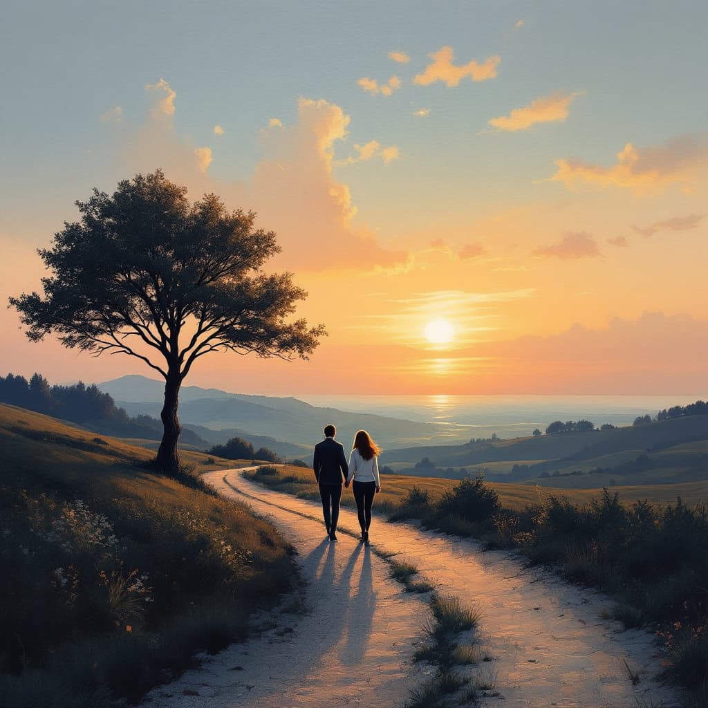 AI generated: Prompt: The two people walking along a path at sunset, a serene landscape painting, warm colors refl...