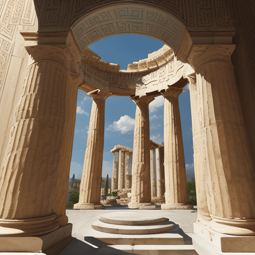 AI generated: fine detailed pointillism painting + low-angle view, hyper-realistic, classical architecture, ancien...