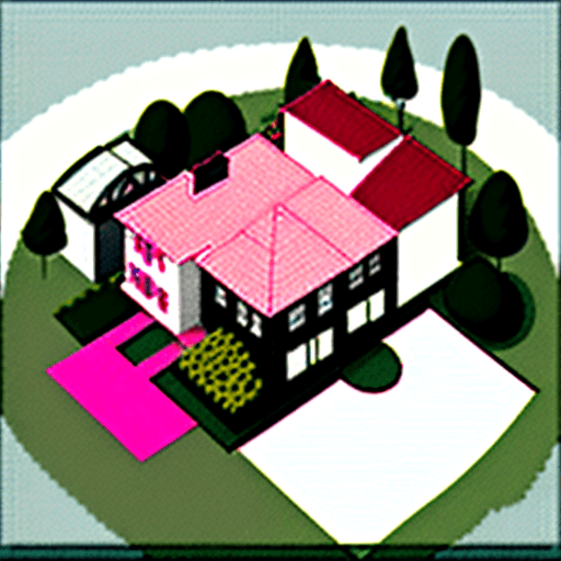 AI generated: Garden with a small single-family house in Bauhaus style by the lake. View of the house from diagona...