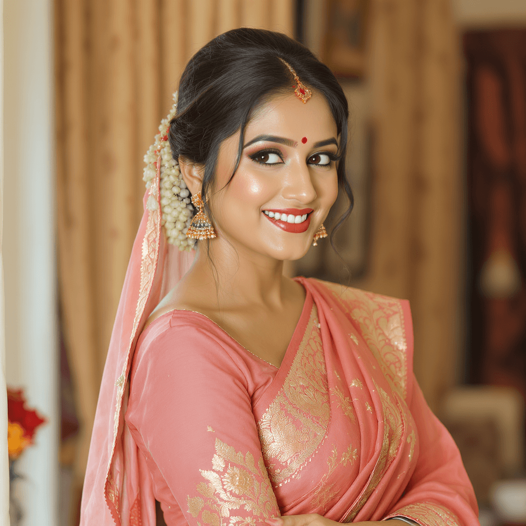 AI generated: A beautiful Indian woman with dark hair tied in a bun, wearing a traditional pink saree with a golde...