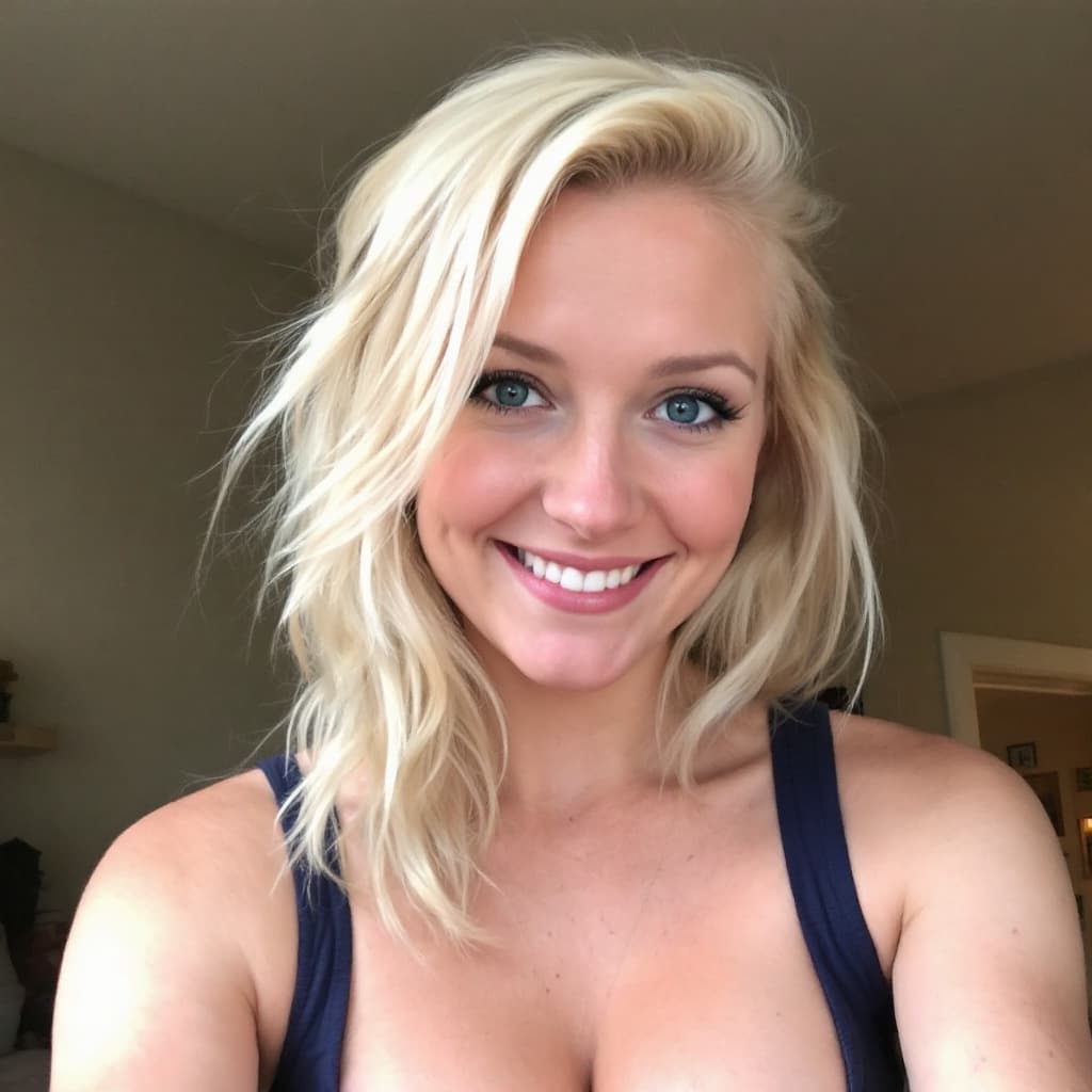 AI generated: boring low quality snapchat photo circa 2015 with blond hair and blue eyes and busty. Smiling. In ta...