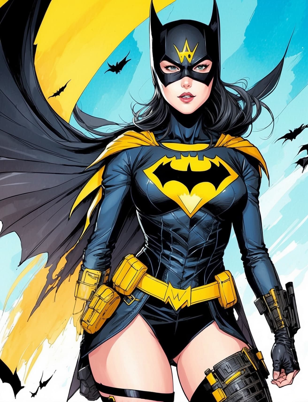 AI generated: a masterpiece, batgirl/supergirl from dc comic wearing alternate yellow costume, coy and alluring, f...
