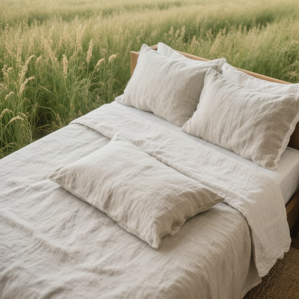 AI generated: Take a photo that clearly shows pure linen on a bed. Linen made of 100% cotton, undyed and unbleache...
