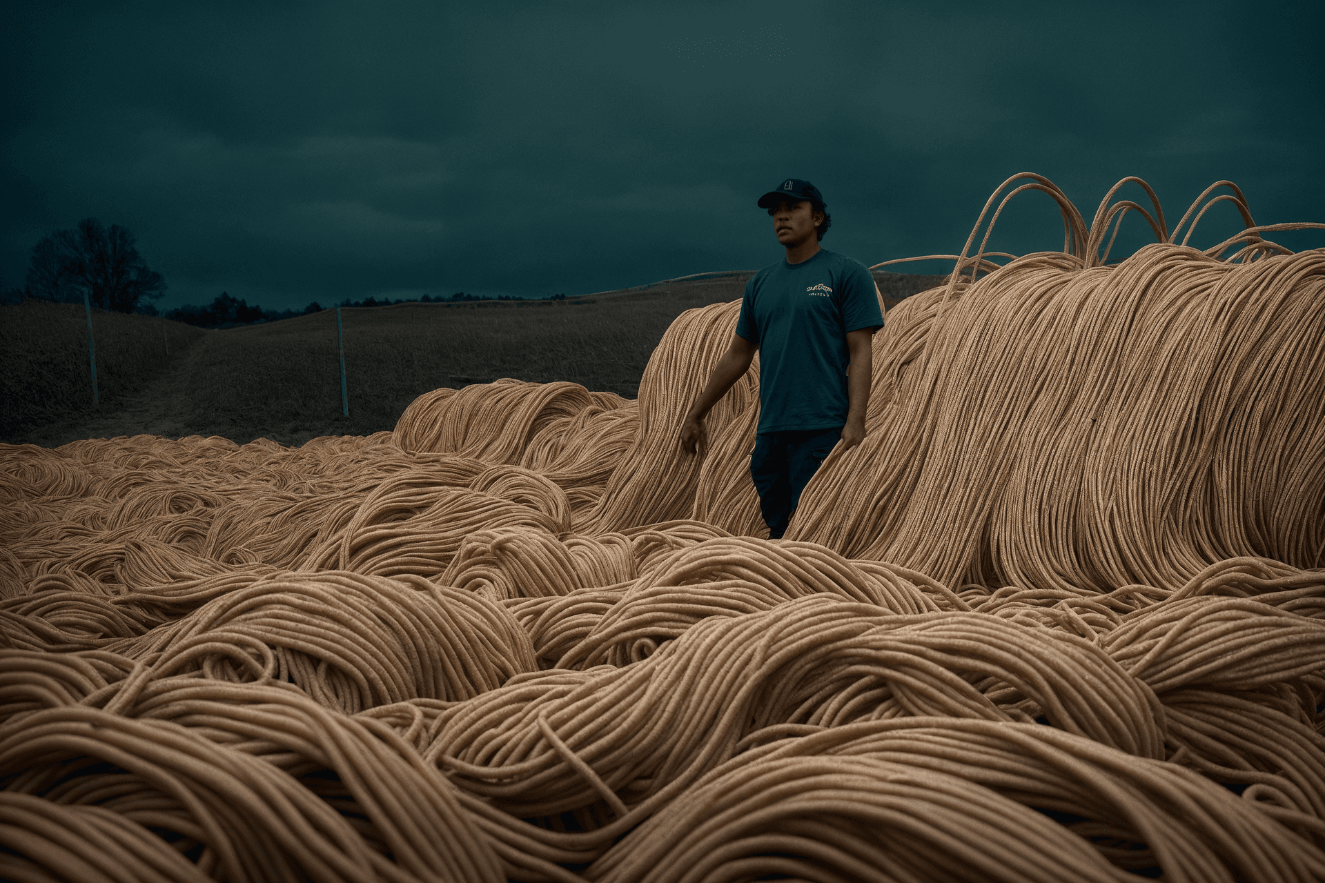 AI generated: (dark shot), 80mm, photo of a man hand harvest wavy noodles ,noodles field made of wavy pasta piles,...