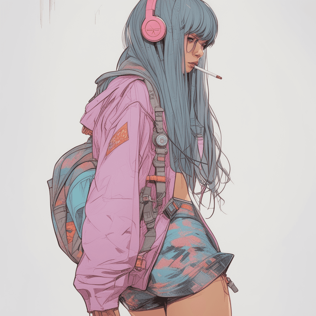AI generated: arafed woman with a backpack and headphones smoking a cigarette, artwork in the style of guweiz, ros...