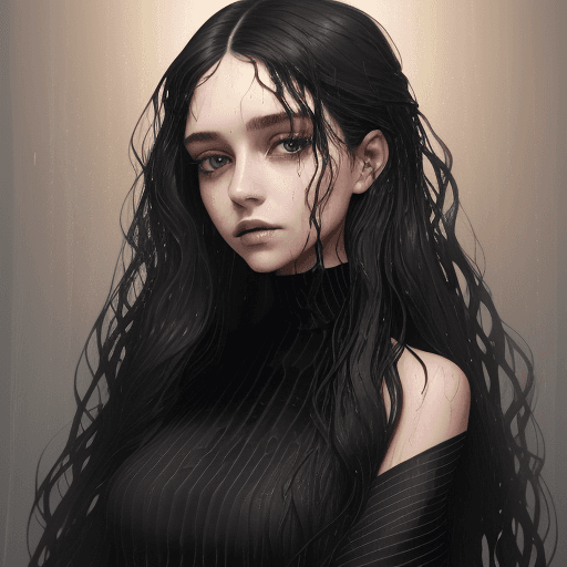 AI generated: a beautiful young woman in black with long hair, in the style of textural layers, reefwave, light br...