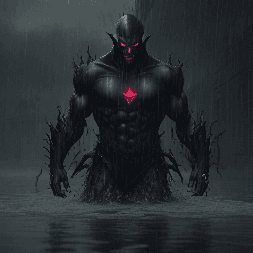 AI generated: Evil::1.5, ,Boss, in a rainstorm, swimming, flooding out, thunders in background, scary, strong, 4k