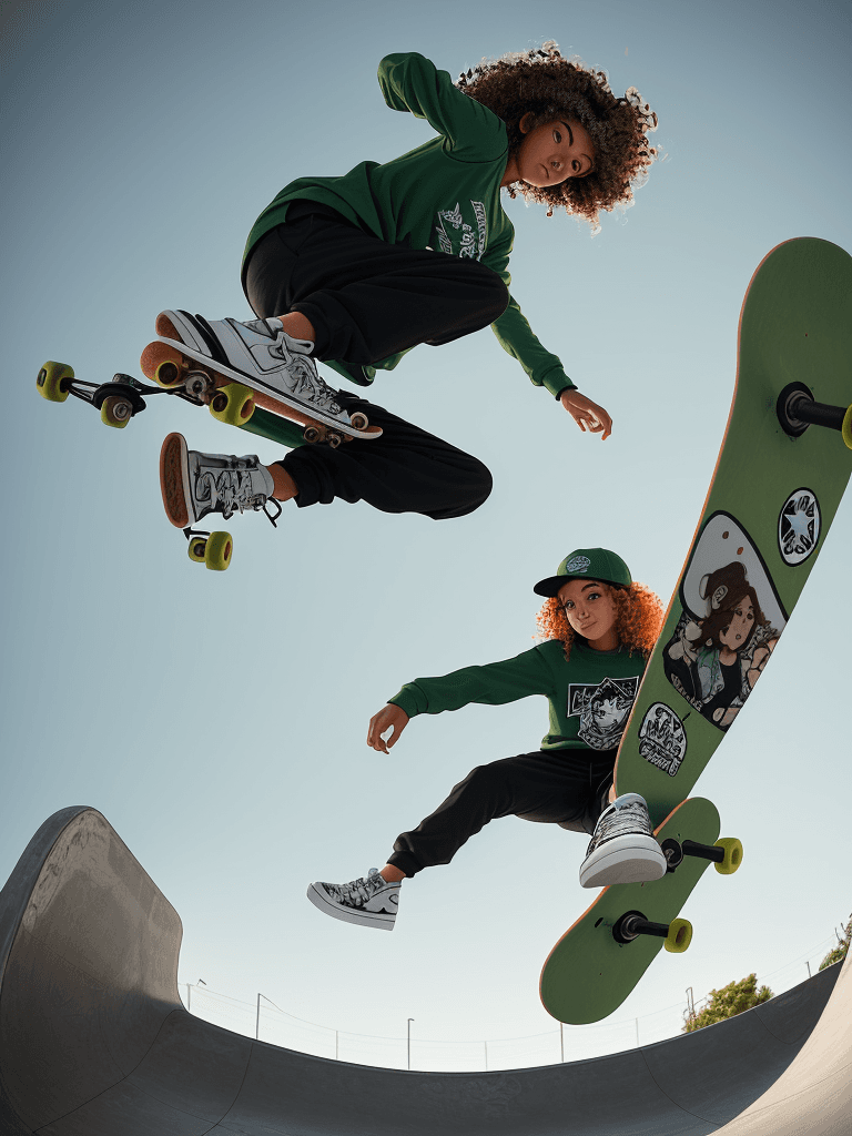 AI generated: photography, low shot, female skateboarder is captured mid-flight above a skatepark ramp, cap backwa...