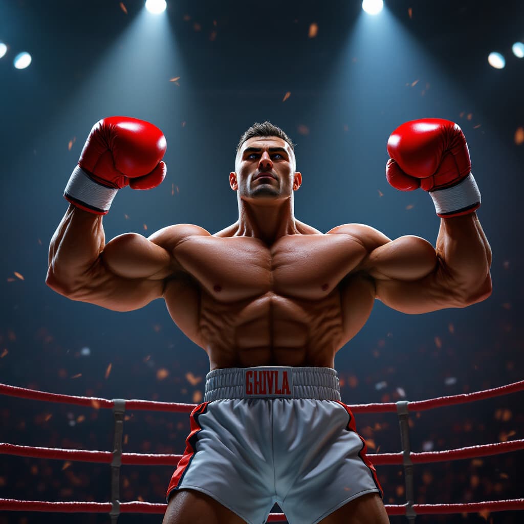 AI generated: powerful boxer stands in the ring and flexes his biceps, 4k, hyper realistic, focused, extreme detai...