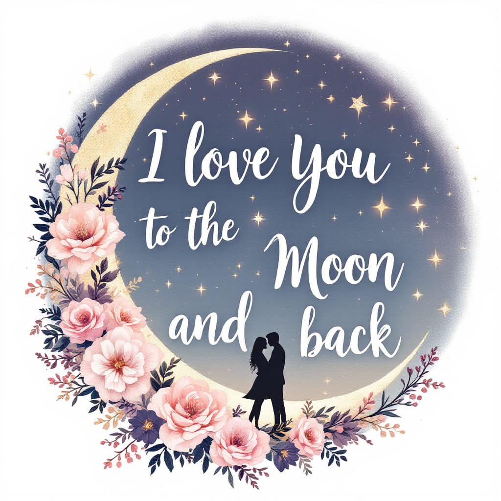 AI generated: Romantic celestial illustration, focus on legible elegant cursive text: "I Love You to the Moon and ...