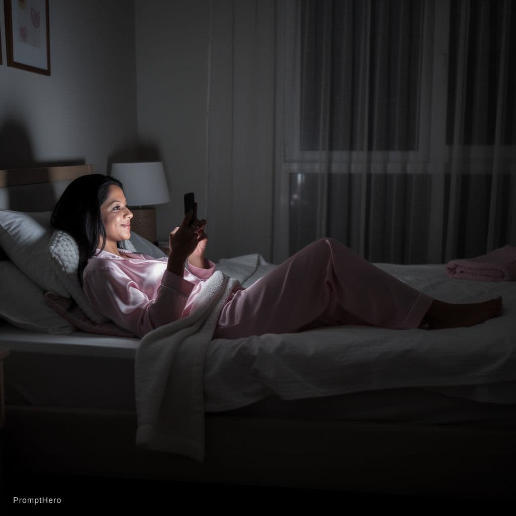 AI generated: laying down on bed,room night time with low lights,video call with boyfriend,This view is from hidde...