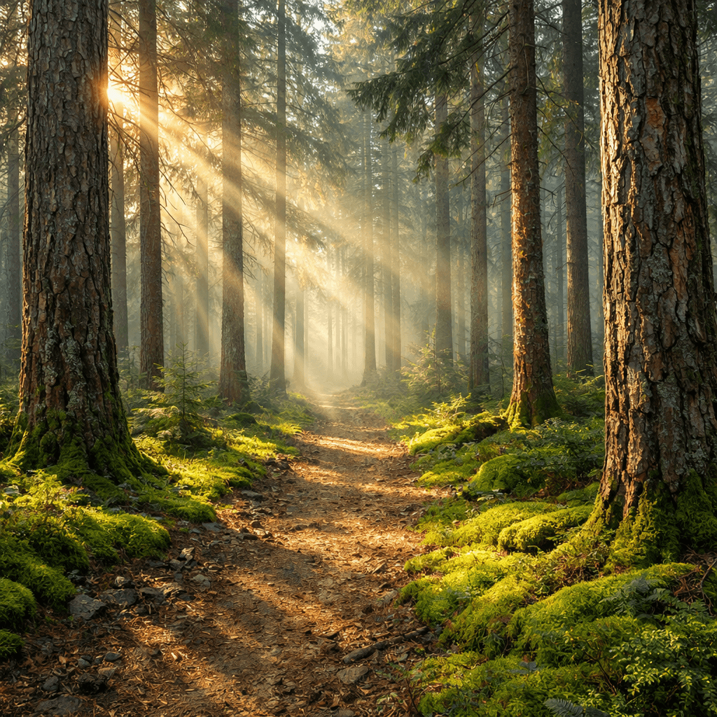 AI generated: A dense pine forest path with morning sunbeams breaking through the fog. Mossy green ground, mysteri...