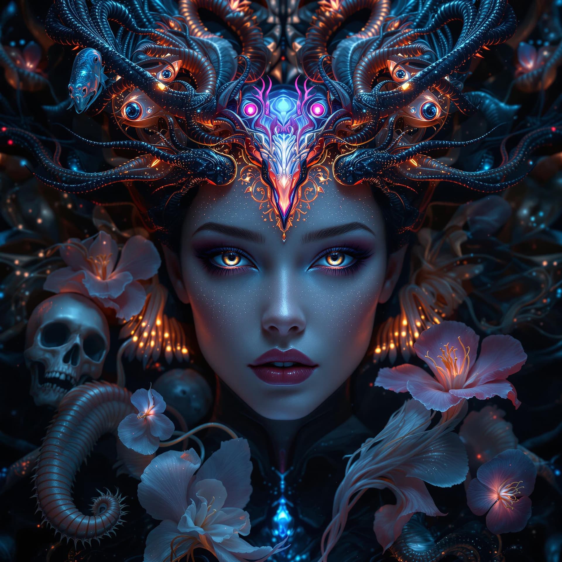 AI generated: Goddess close-up portrait ribcagel. jellyfish phoenix head, nautilus, orchid, skull, betta fish, bio...