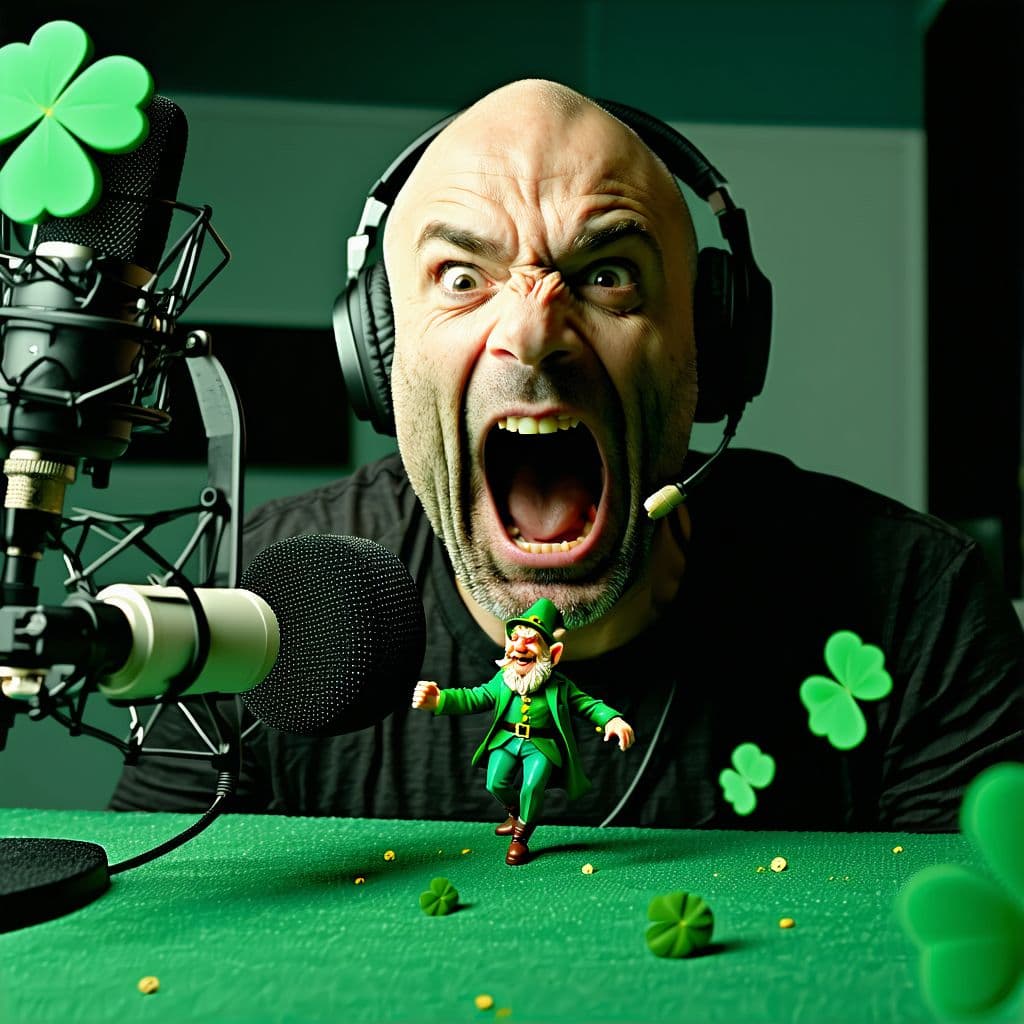 AI generated: Joe Rogan catches a leprechaun breaking onto his set during a podcast and chases after it in a panic...