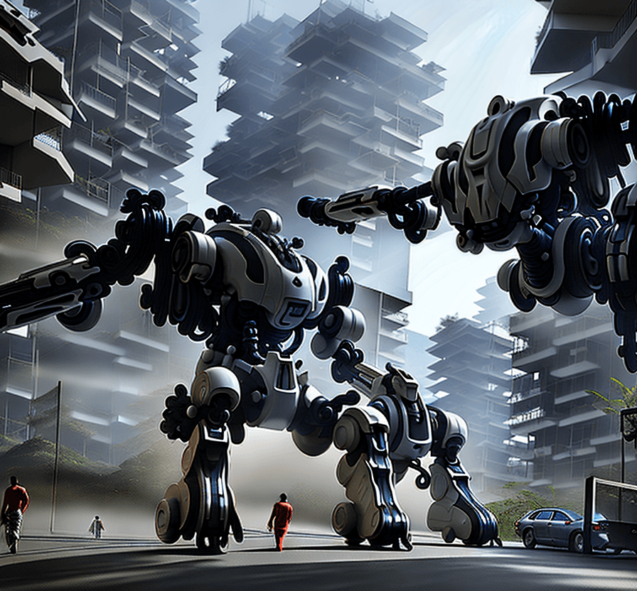AI generated: a huge futuristic mech is walking in the street in  a favela. Terrified people are running while fle...