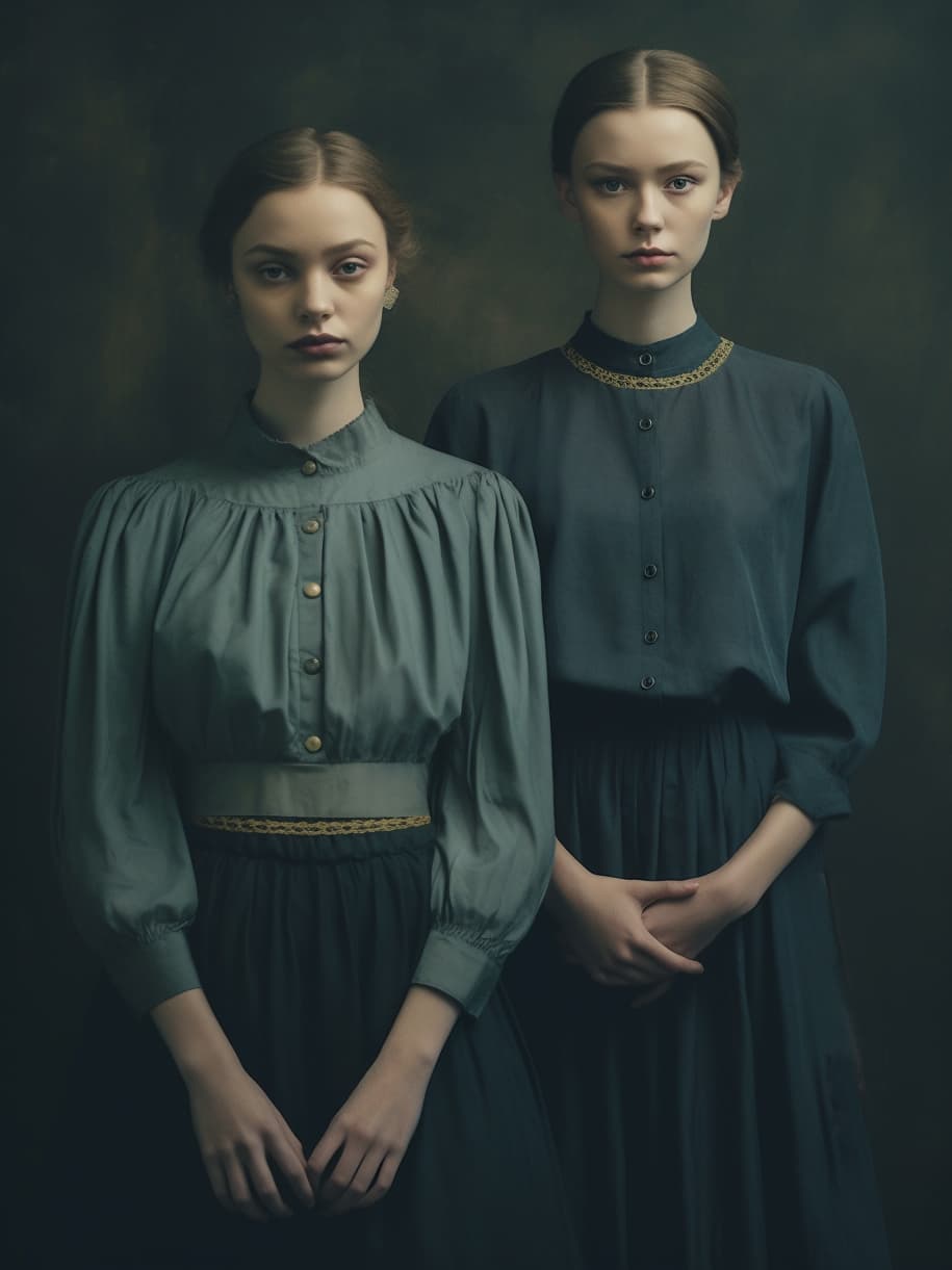 AI generated: a couple of women standing next to each other, in style of paolo roversi, still from a music video, ...