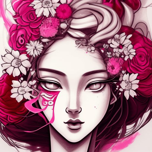 AI generated: a pencil drawing of an artistic woman with flowers in her hair, in the style of light crimson and li...