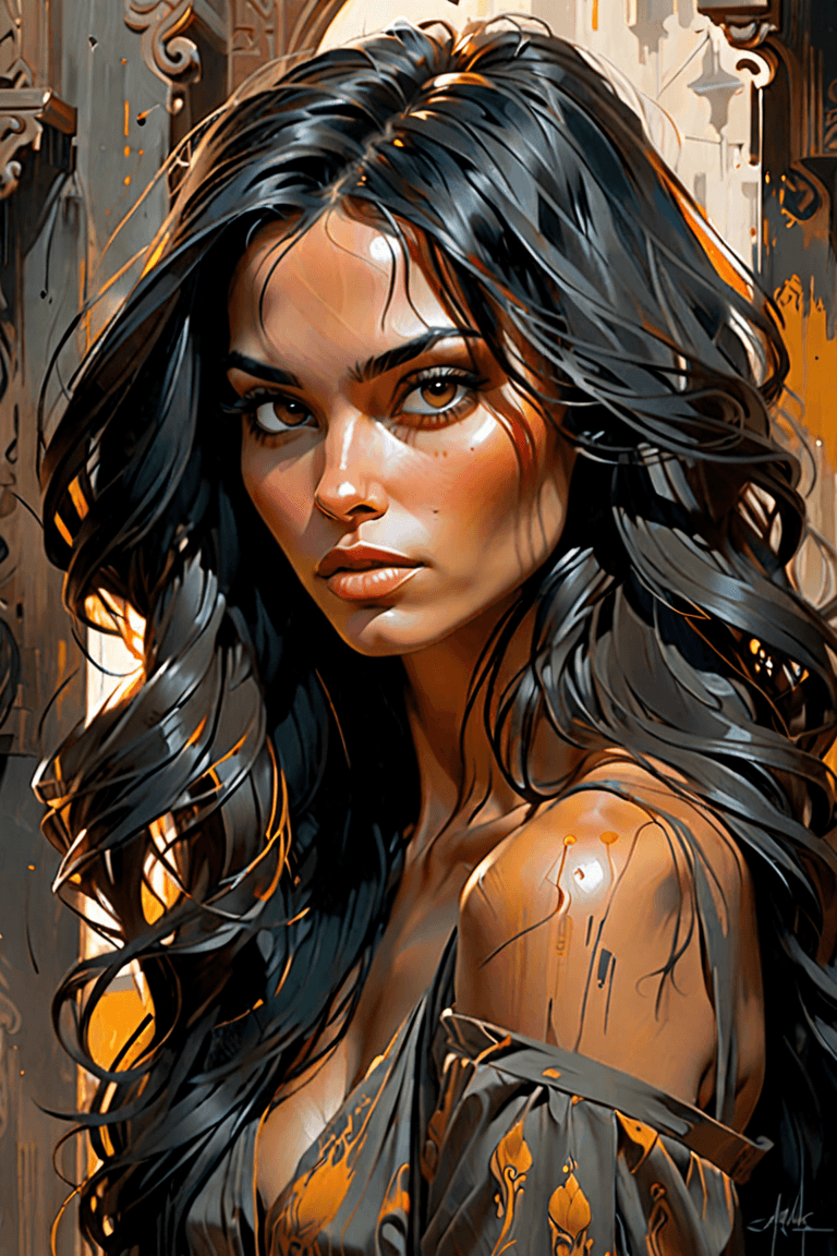 AI generated: an oil painting of a woman with long black hair, in the style of mike deodato, contemporary middle e...