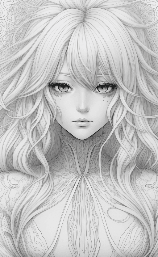 AI generated: coloring book cover page Anime portrait clean line art, black pen line high detail,,wild dynamic whi...