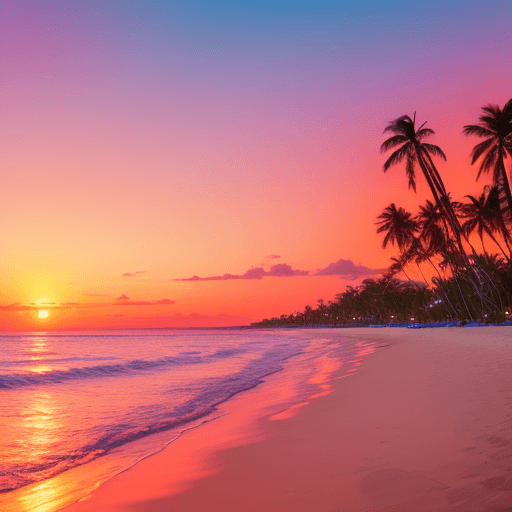 AI generated: A serene tropical beach at sunset, golden sand stretching into the distance, vibrant orange and pink...