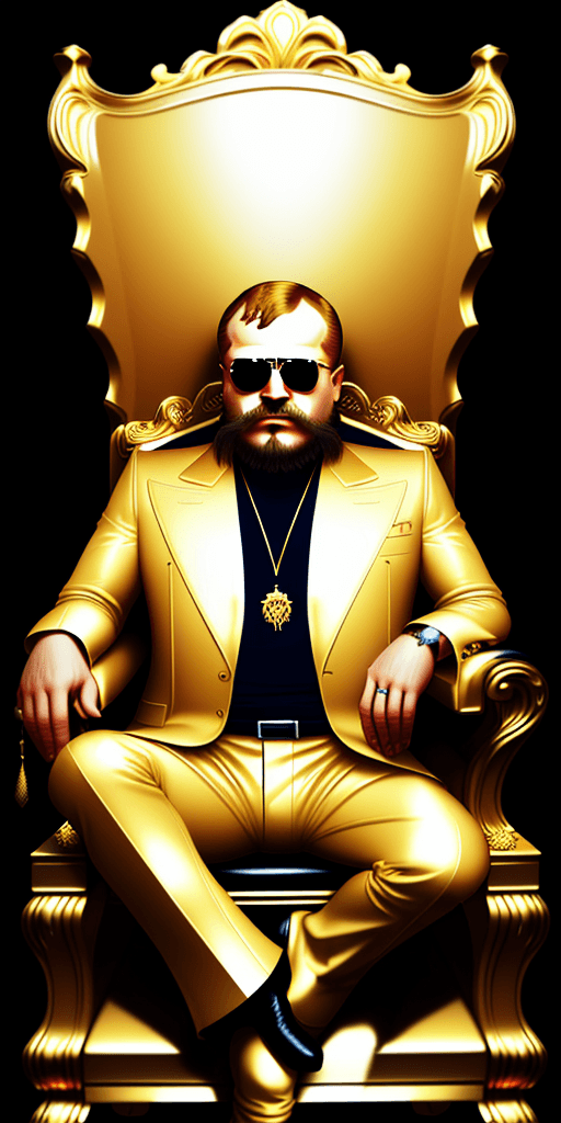 AI generated:  Russian drug lord siting on a golden chair, high quality
